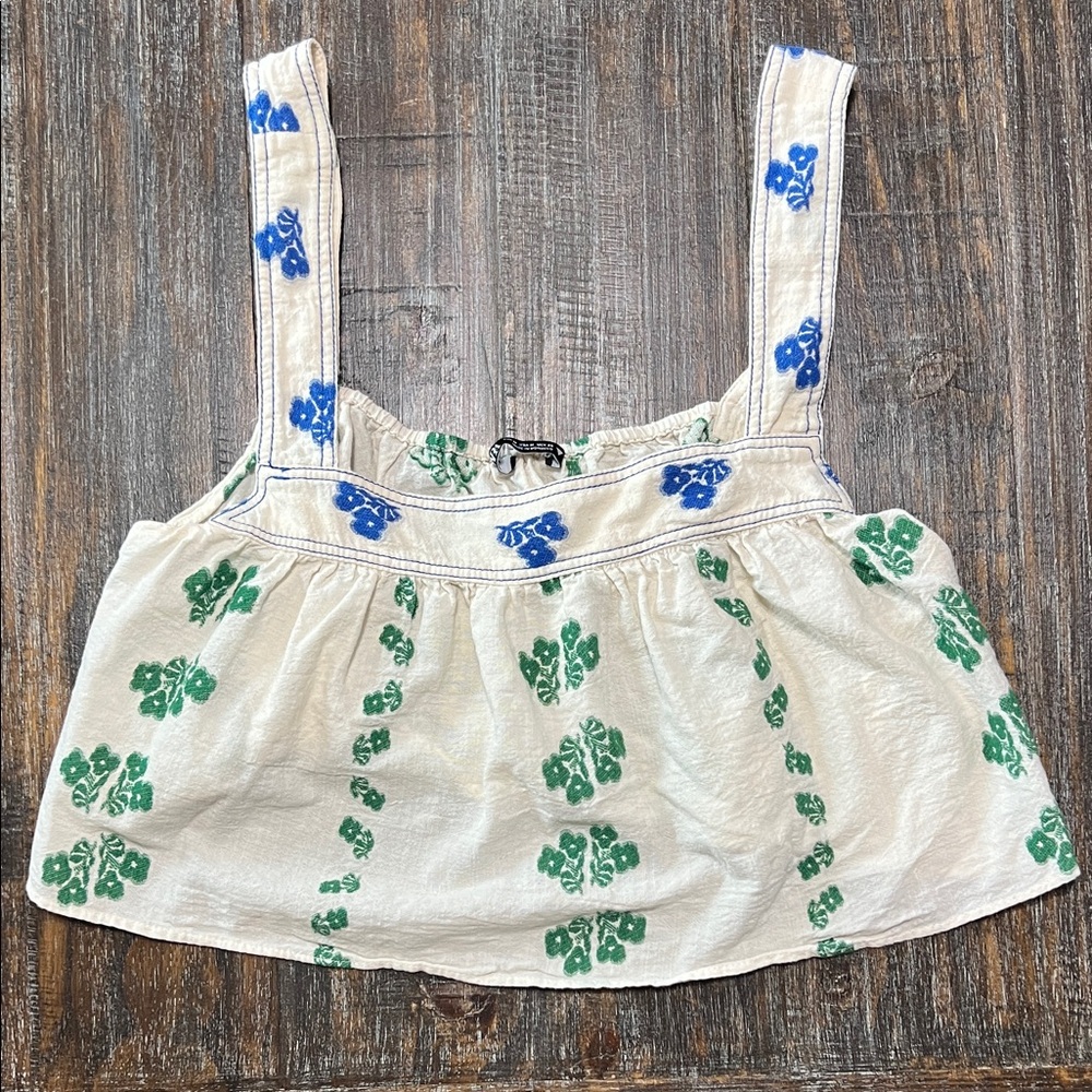 Zara Cream Crop Top with Green & Blue Floral Stitching